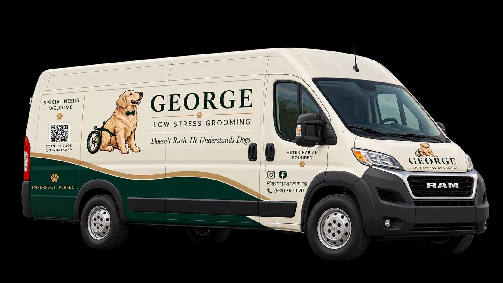 The George Grooming mobile grooming van parked by the water at golden hour